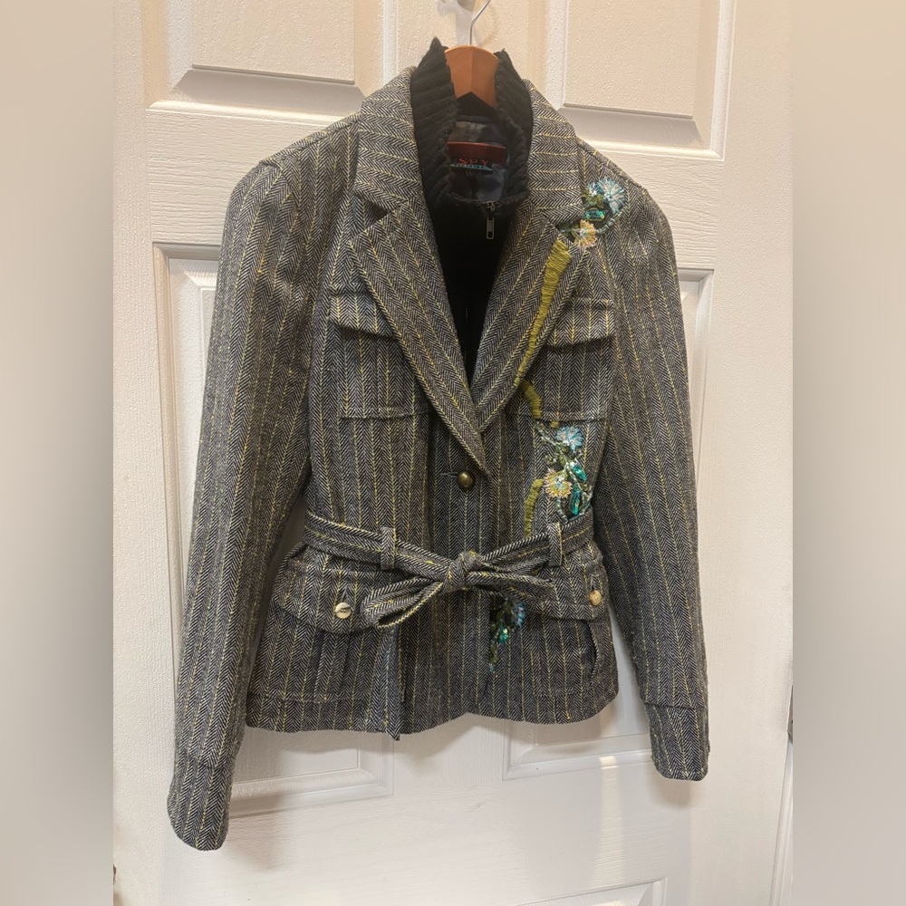 Spy Zone Exchange Belted Cozy Blazer Embellished Gray Striped Women's Jacket L